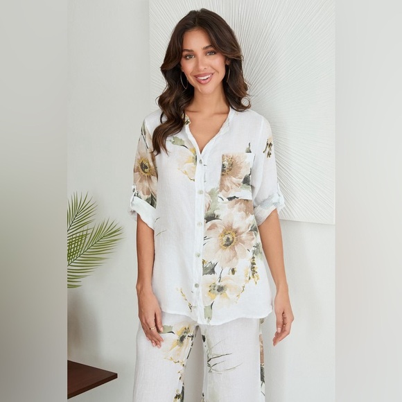 Venti6 Tops - (9899-MAGNOLIA-WHT) BUTTON DOWN MAGNOLIA FLOWERS PRINT LINEN TOP